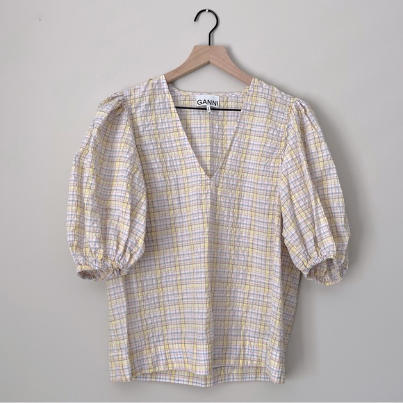 GANNI | Puff Sleeve V-Neck Plaid Check Seersucker Top - Picture 5 of 16
